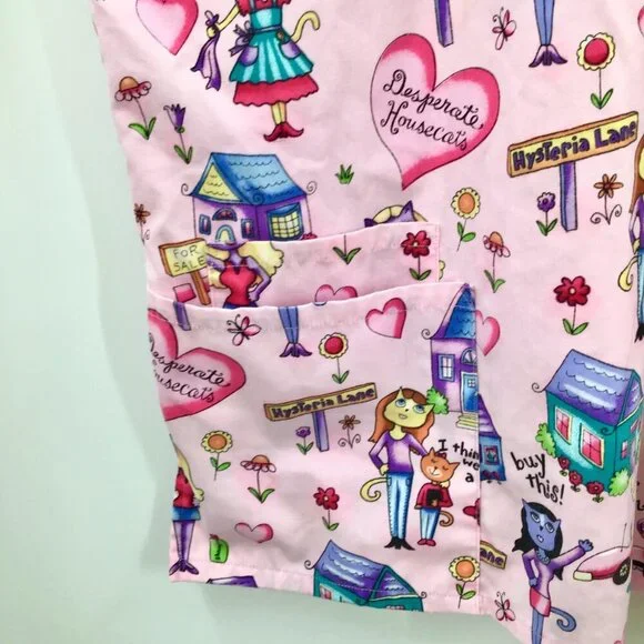 CUTE 2X 3X Pink Scrubs Desperate Housecats Cats Kitty Pattern 3 Pockets S/S - Picture 8 of 11